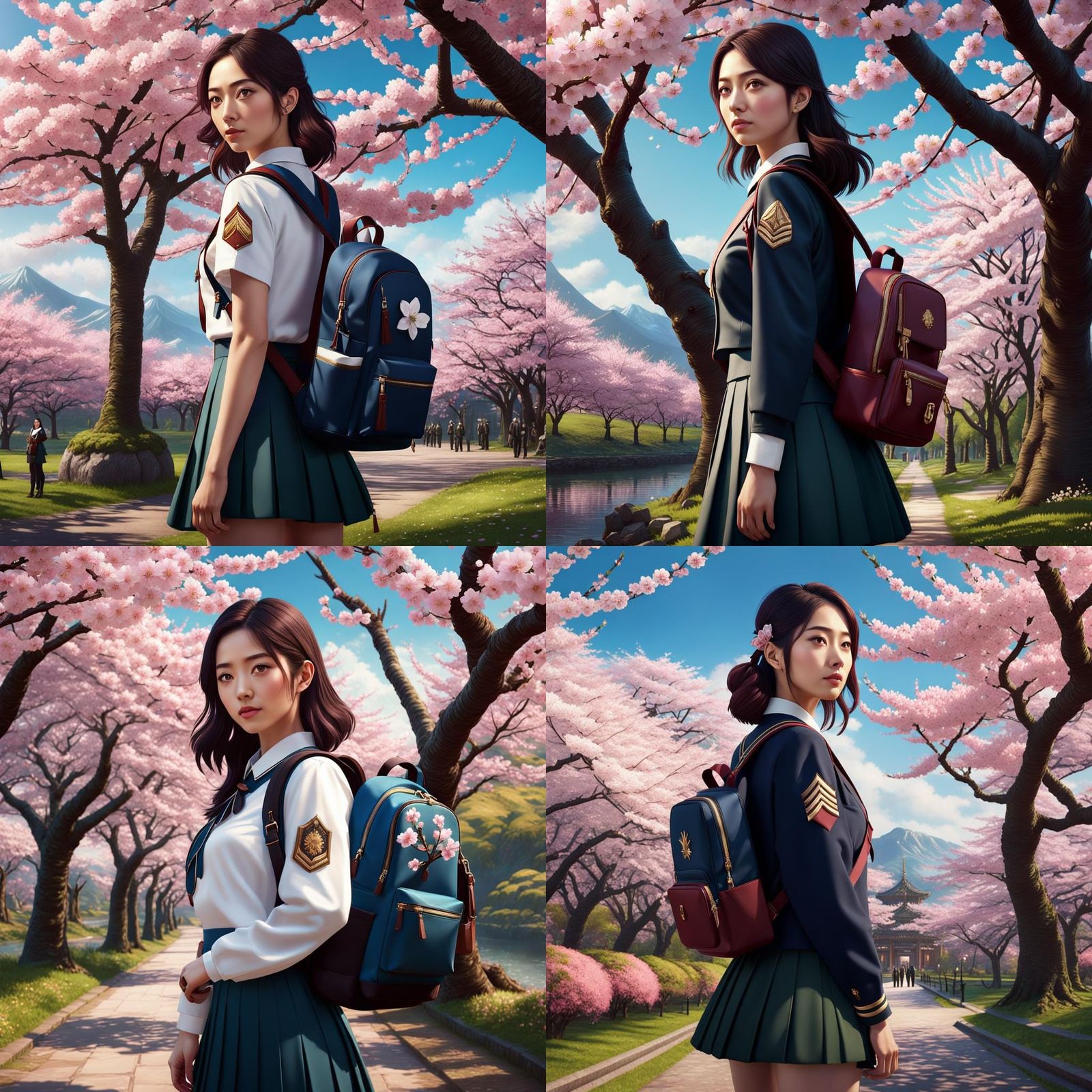 Girl in Uniform by Cherry Blossoms: Matte Painting
