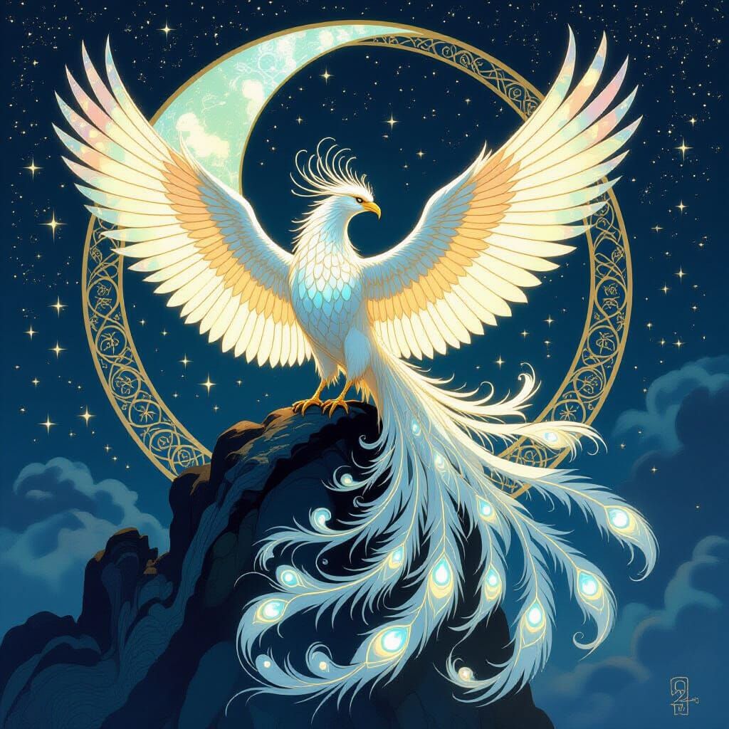 Moonstone Phoenix in Starry Night Sky