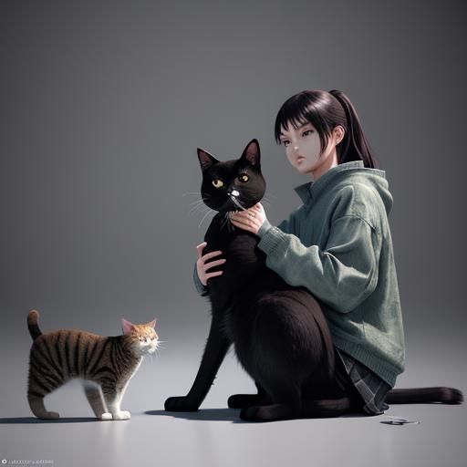 Woman with Cats in 3D Anime Style