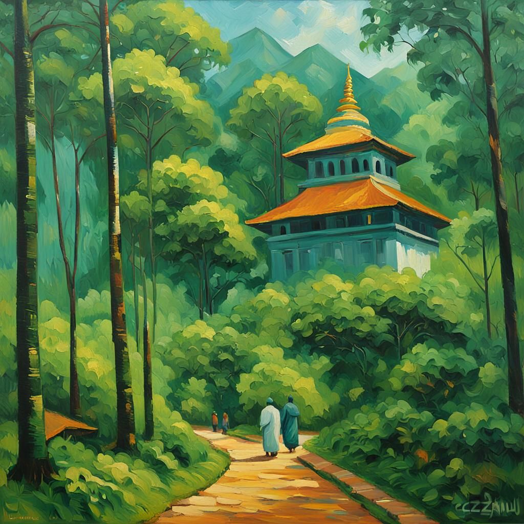Surreal Sri Lankan Temple in Lush Green Forest with Vibrant...