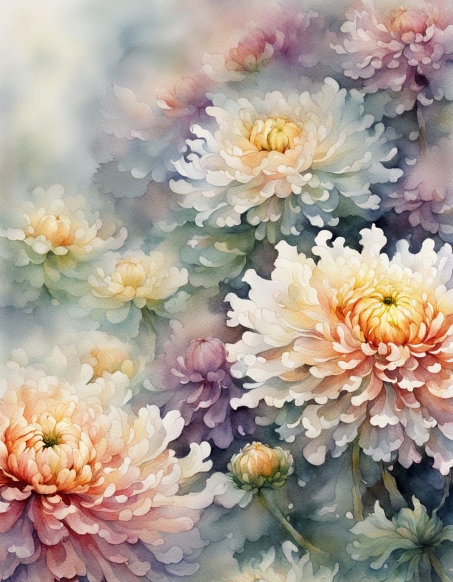 Ethereal Macro Chrysanthemums in Soft Watercolour