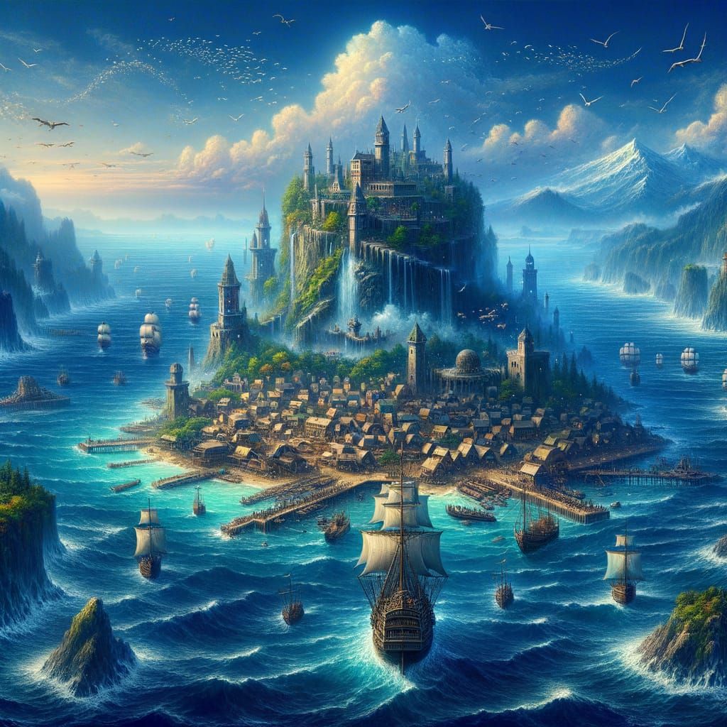 Medieval Fantasy Island on a Vast Ocean in a Cyberpunk-Inspi...