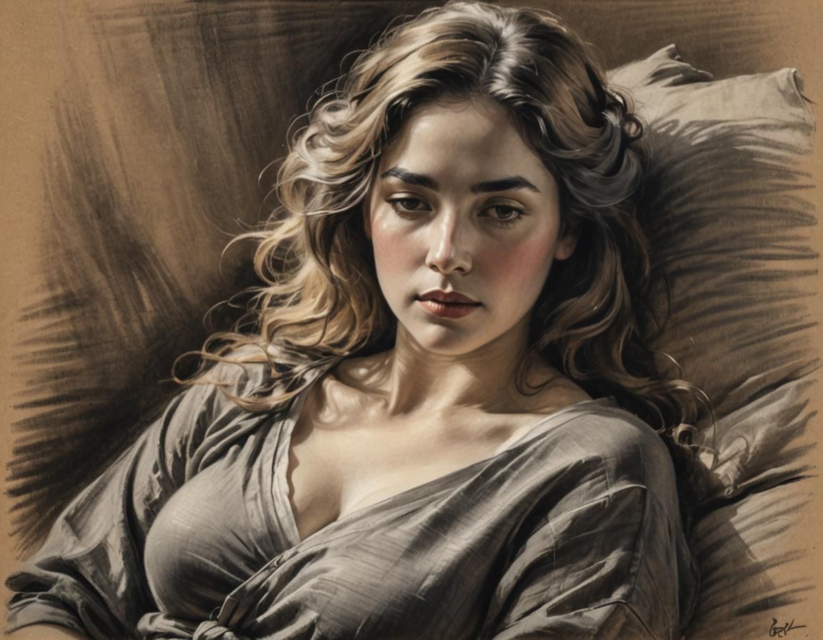 Serene Woman Resting: Impressionist Charcoal Drawing