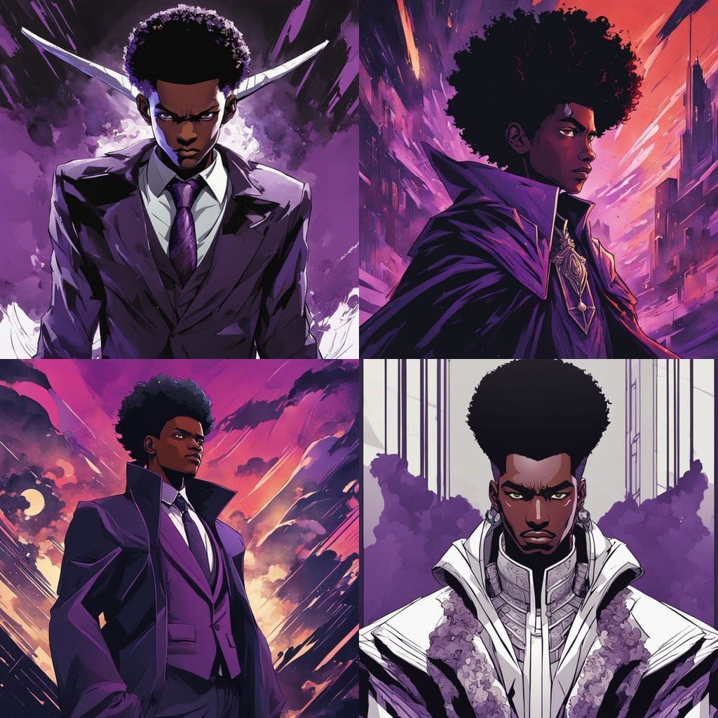 Surreal Manga-Inspired Demon Boy with Afro and Cloak