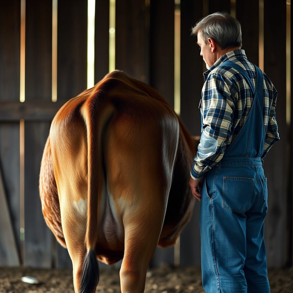Rustic Farm Birth, Veterinarian in Attentive Stance, Earthy...
