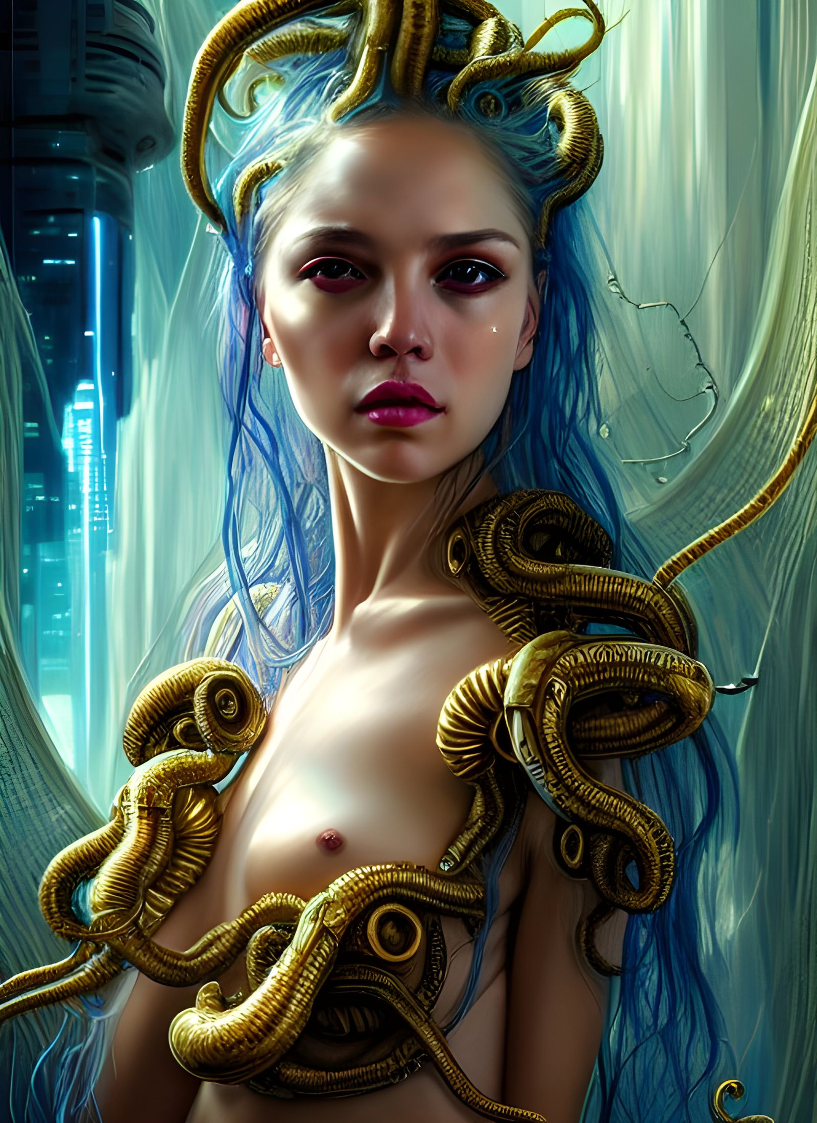 Golden Tentacled Alien Princess in Cyberpunk Style