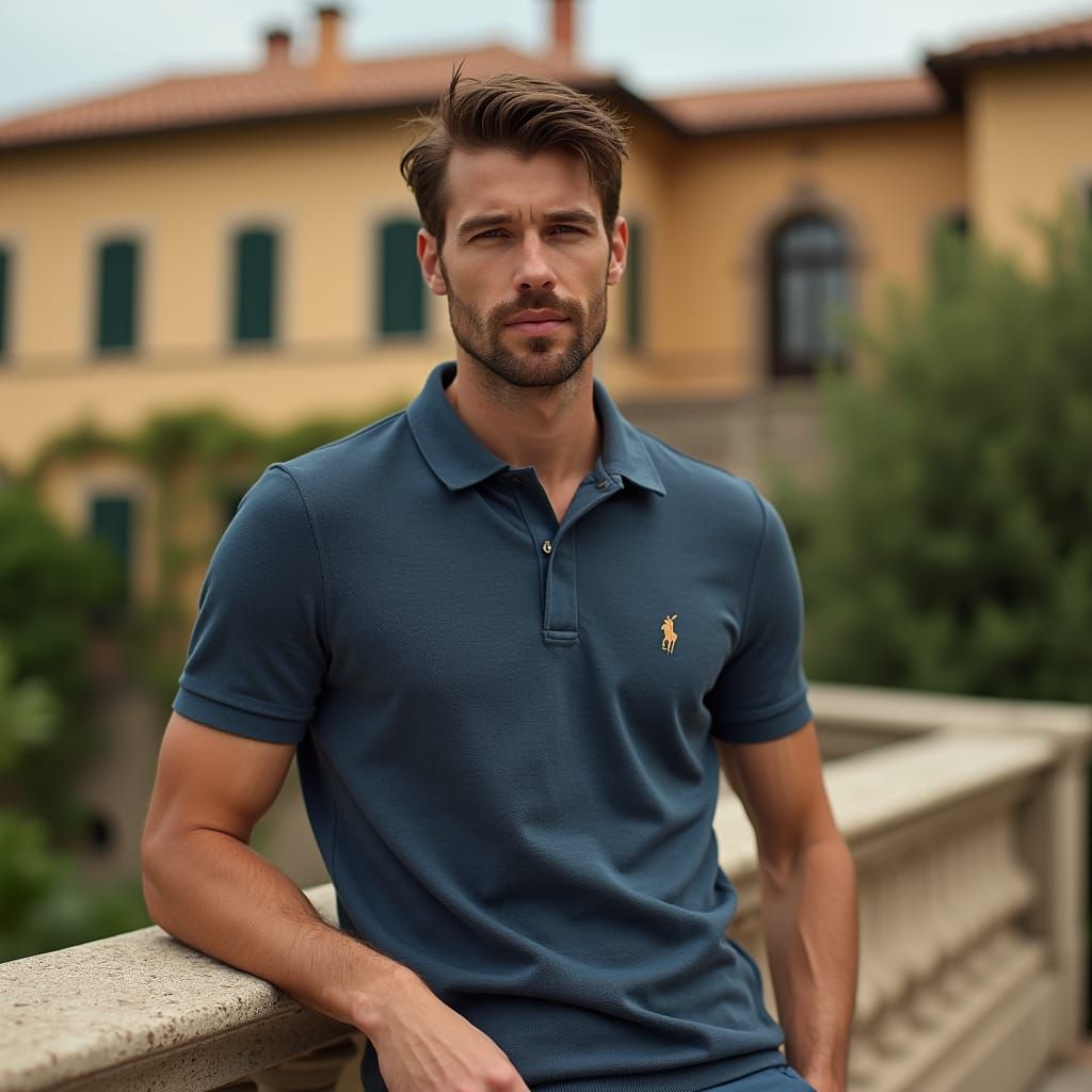 Elegant Polo Shirt on Italian Villa Balustrade in Muted Navy...