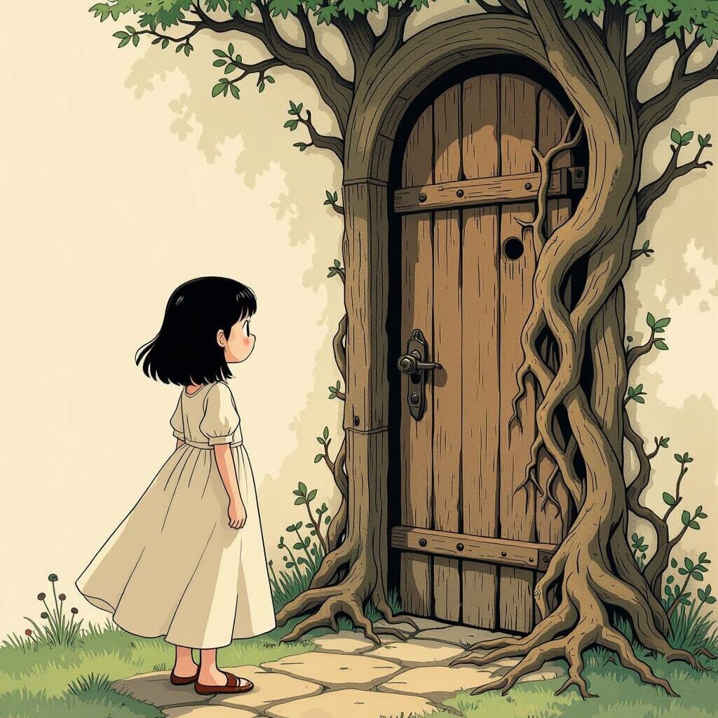 Girl Stares at Root-Covered Door in Whimsical Style