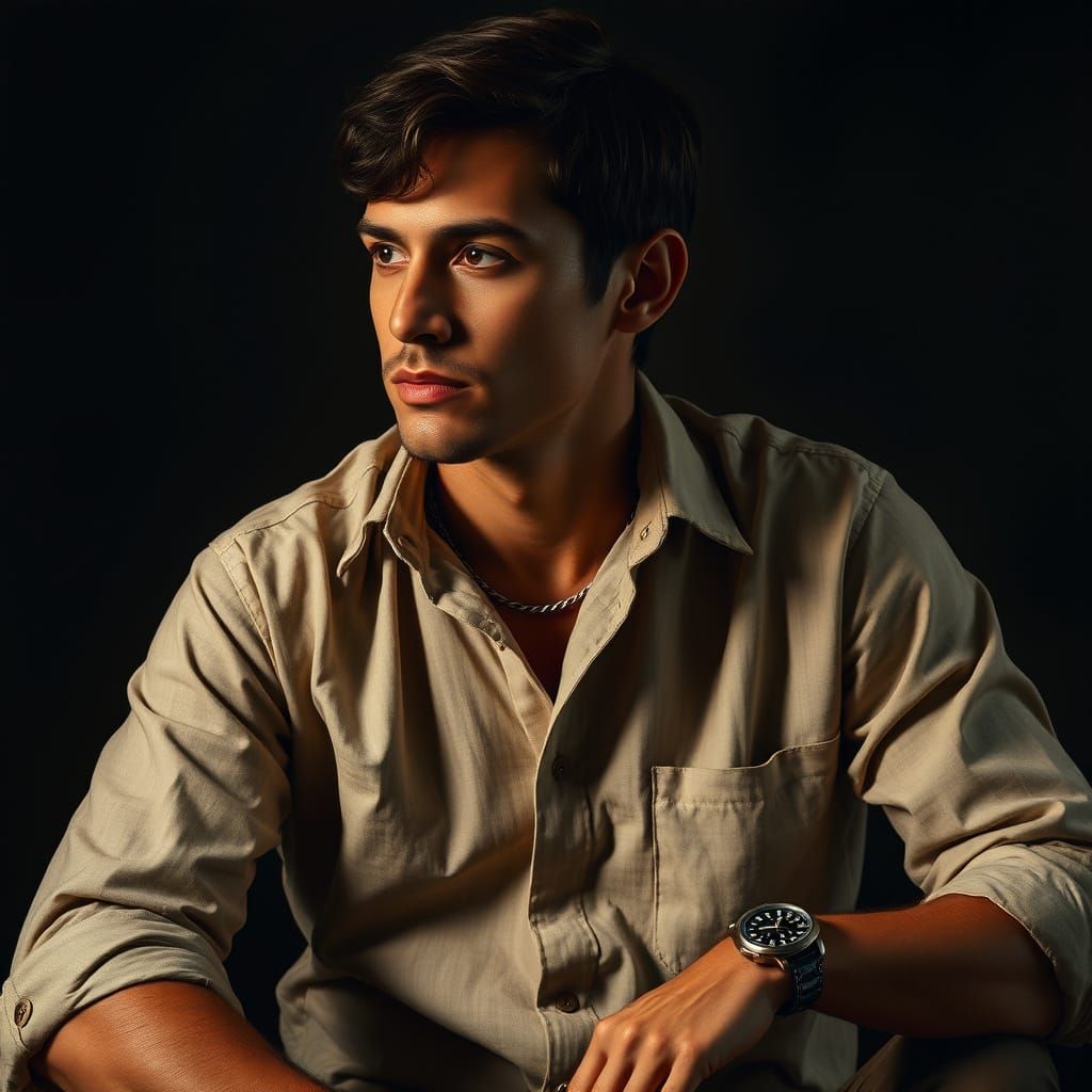 Charismatic Man in Dramatic Chiaroscuro Portrait