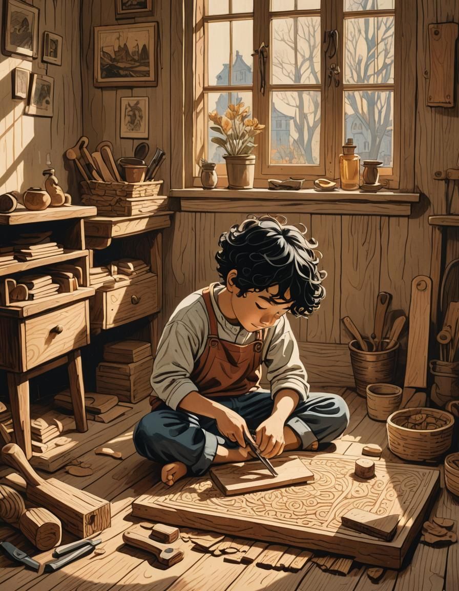 Folk Art Boy Shaping Wooden Model with Chisel