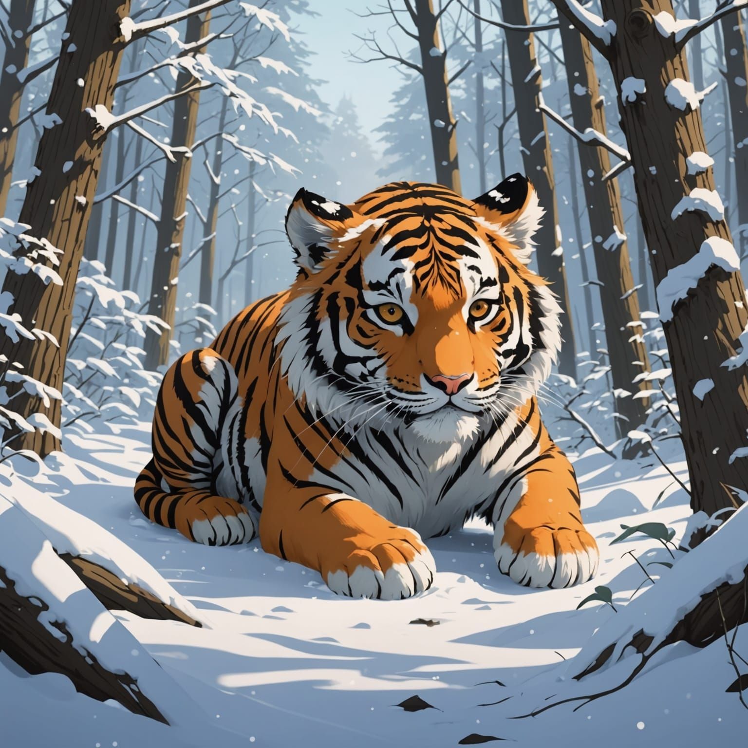 Sleeping Tiger Cub in Snowy Anime Forest