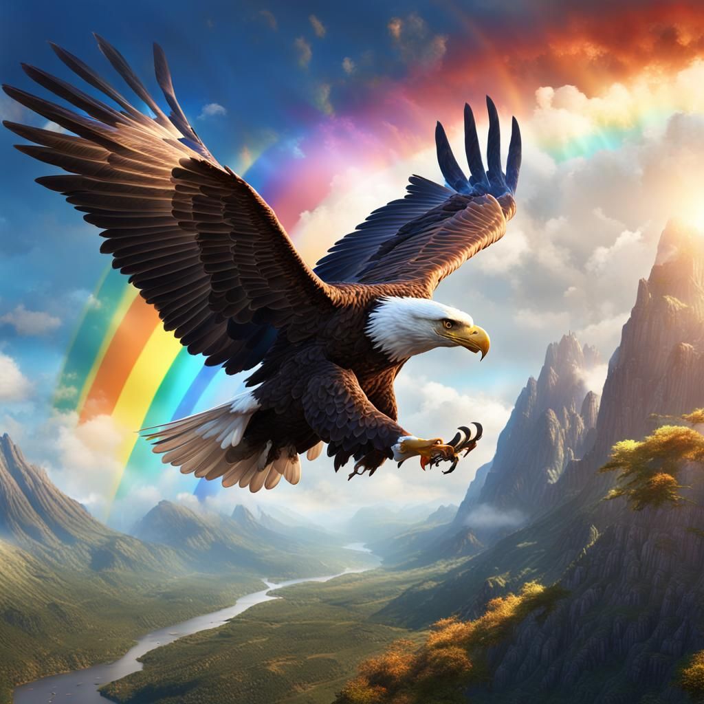 Majestic Eagle Soaring with Rainbow Trail