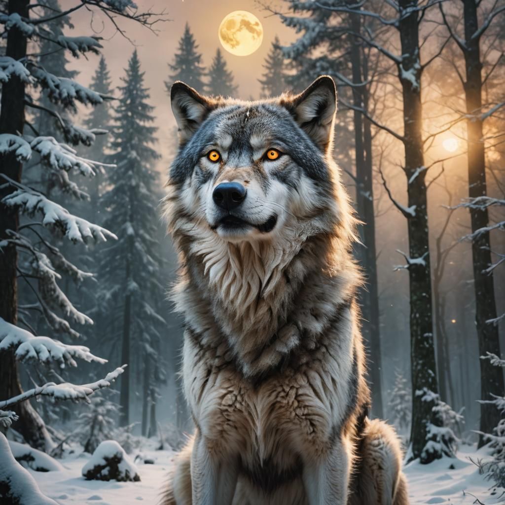 Majestic Wolf Portrait in Mystical Twilight Forest