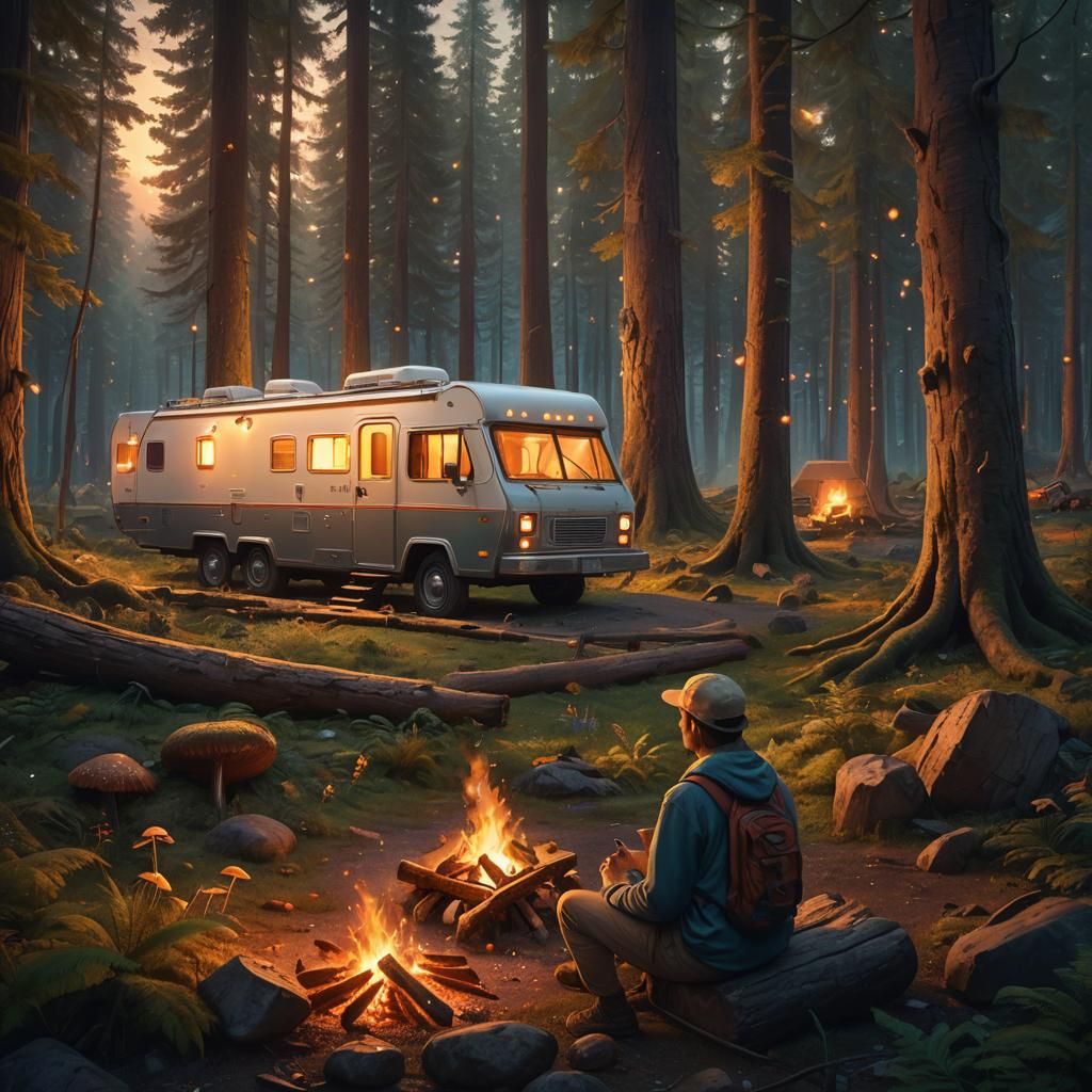 Fantastical Forest Campfire in Matte Painting Style