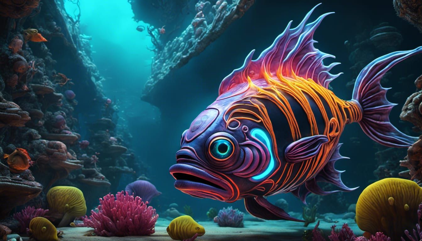Neon Alien Fish in Deep Sea Trench