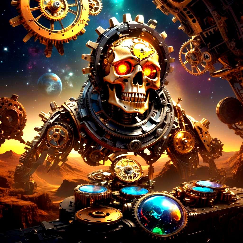 Mechanical Skull Overlooking Solar System Landscape