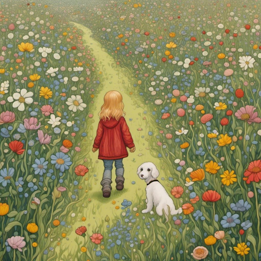 Toddler and Dog in Flower Field, Pencilled Style