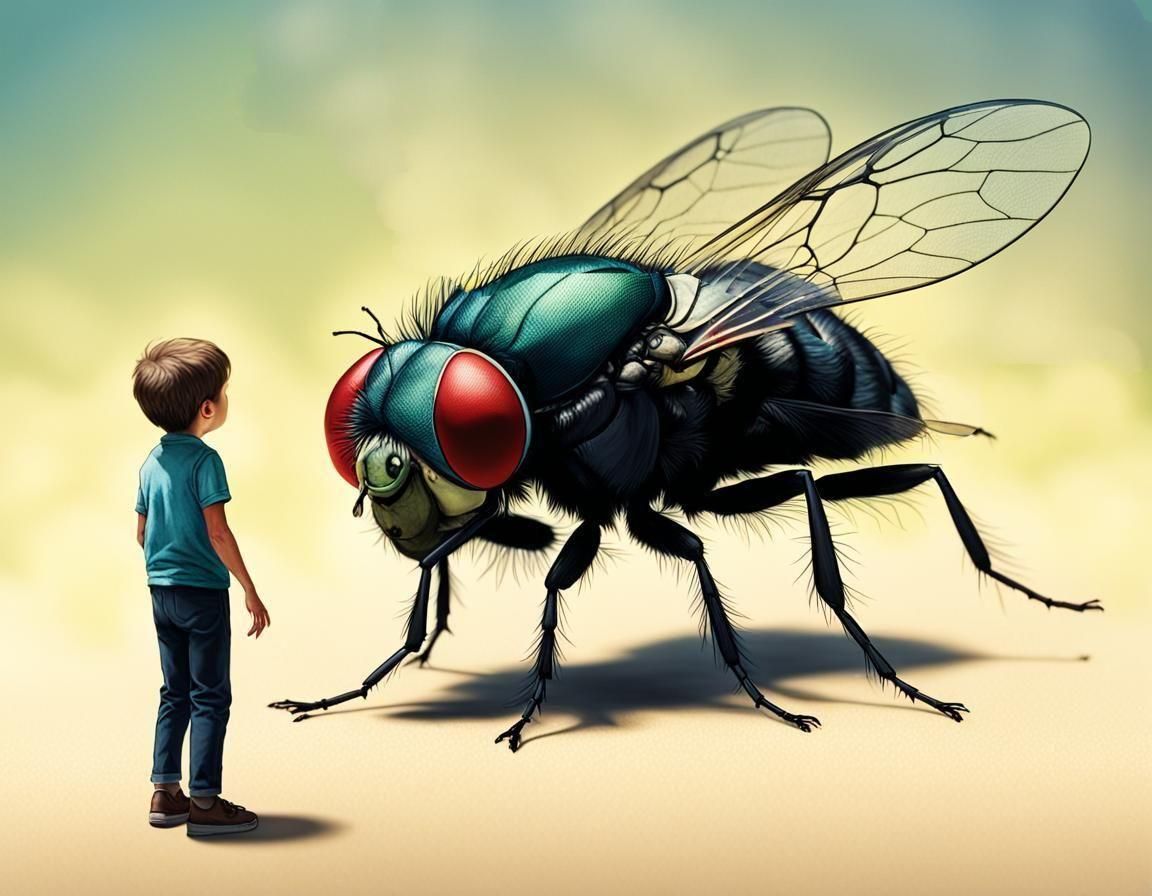 Giant Fly Gazing at Tiny Human