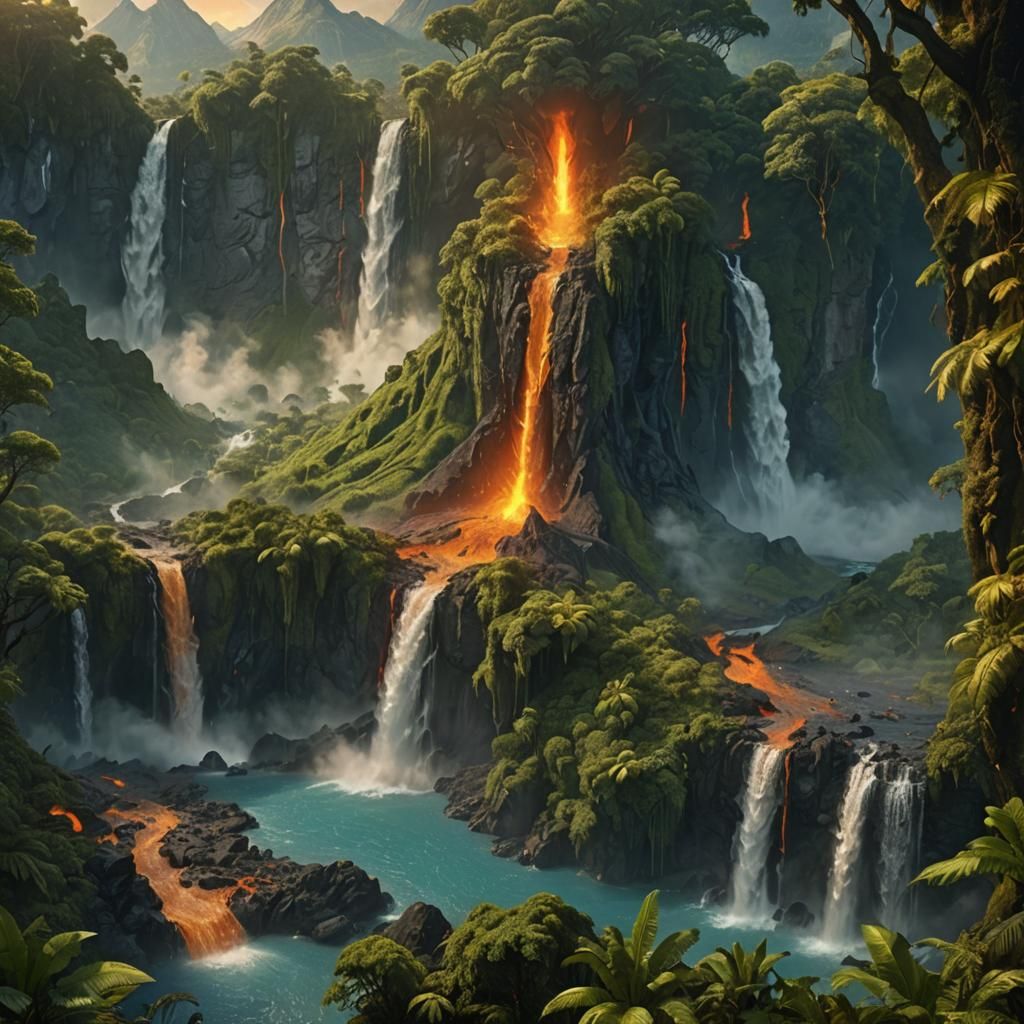 Volcano Eruption in Rainforest: Digital Matte Painting