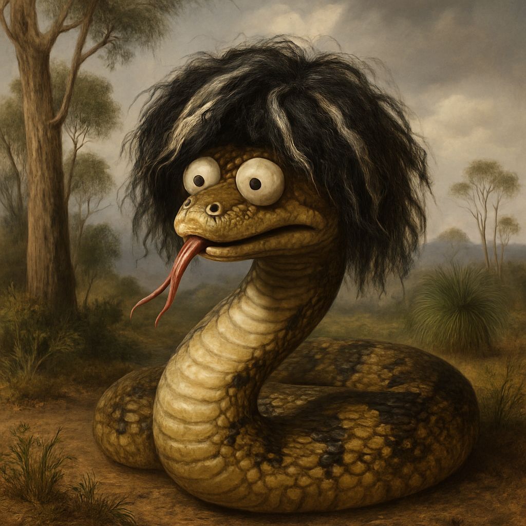 Funny Snake in Ratty Wig in Australian Landscape