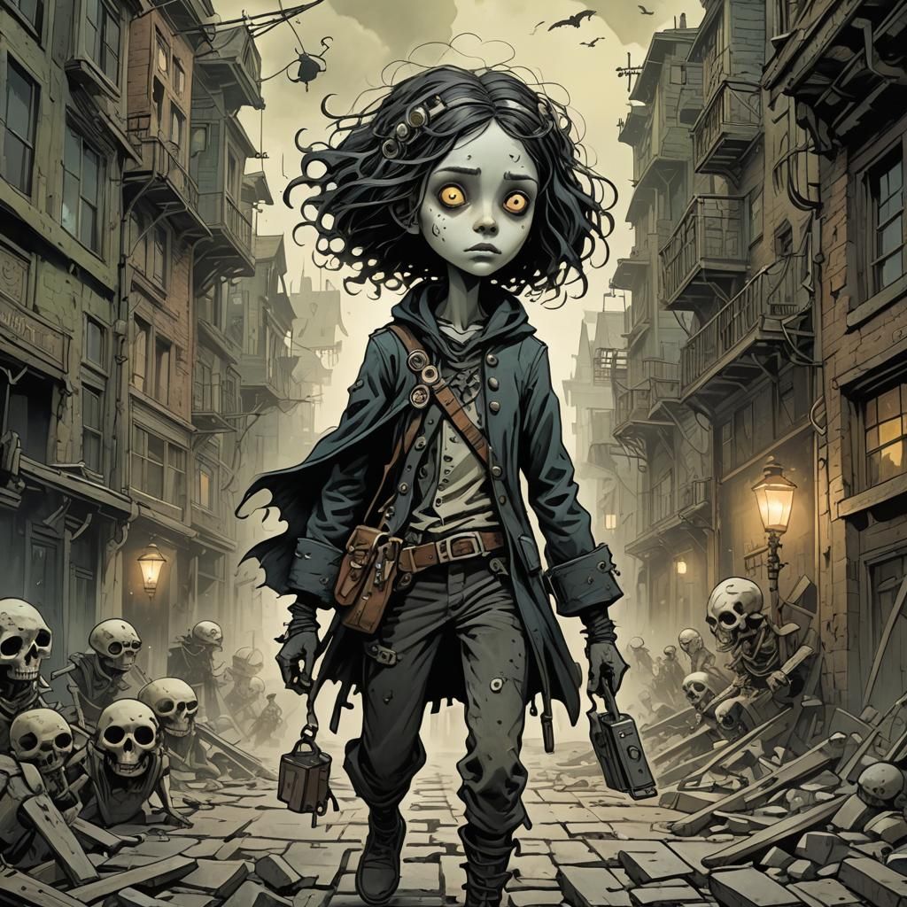 Dystopian Mystery Scene in Gothic Animation Style