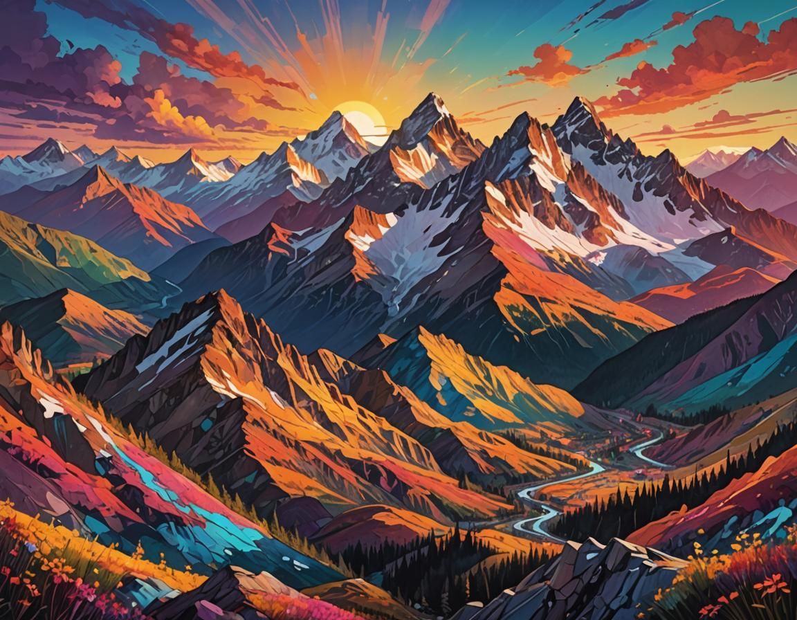 Twilight Mountain Peaks in Mixed Media Collage