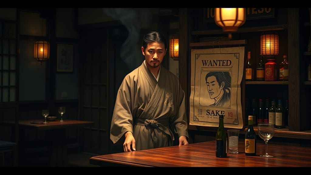 Ronin Enters Tavern in Hokusai Style with Cinematic Lighting