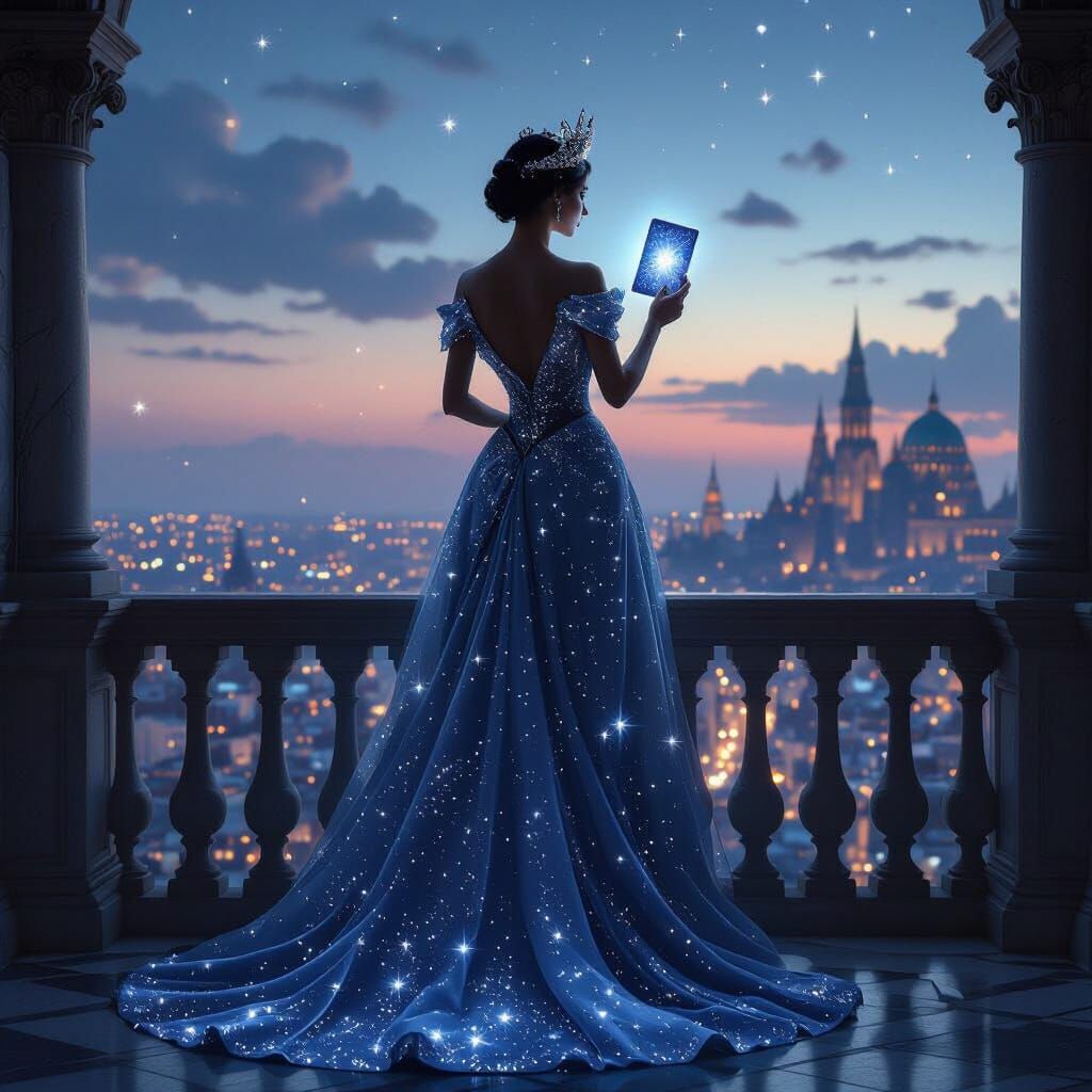 Regal Queen in Starlight Gown with Celestial Card