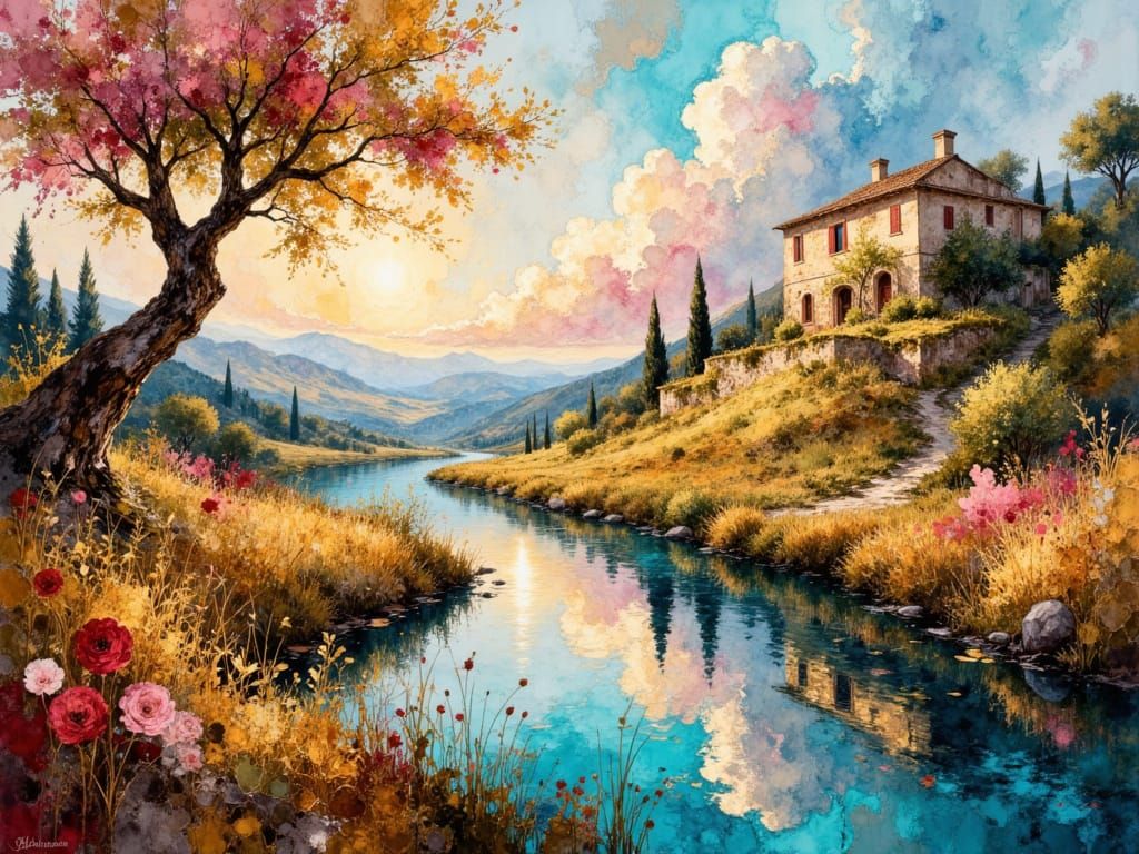 Dreamlike Italian Villa Landscape in Textured Impasto Oil Pa...