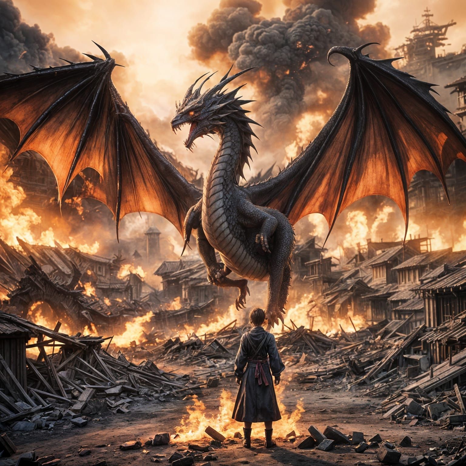 Dragon Over Burning Village: Cinematic Film Still