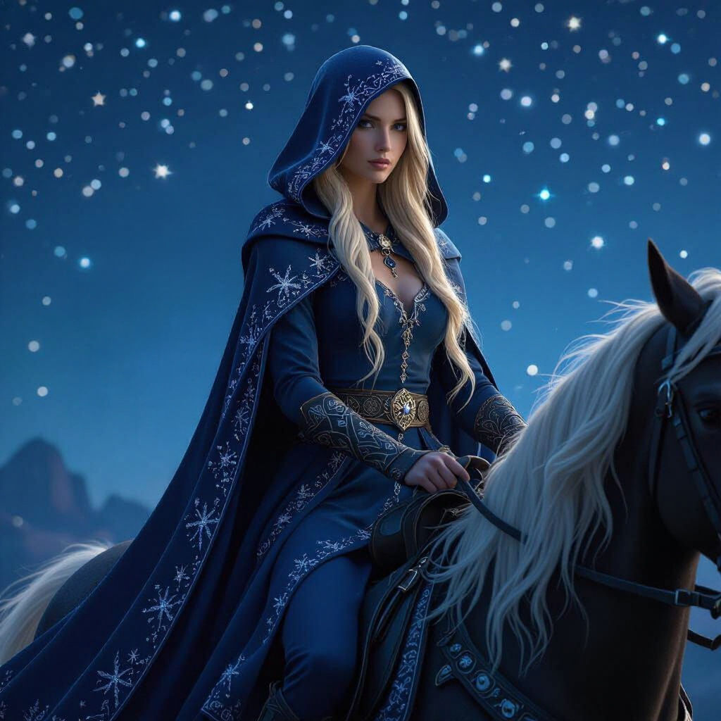 Viking Goddess Nott Riding Through Starry Night