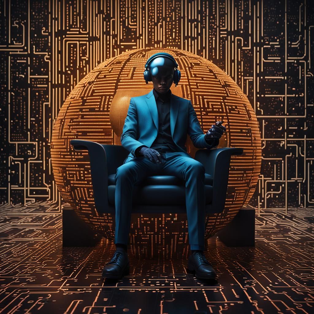 Ethereal AI Portrait on Binary Throne in Futuristic Style