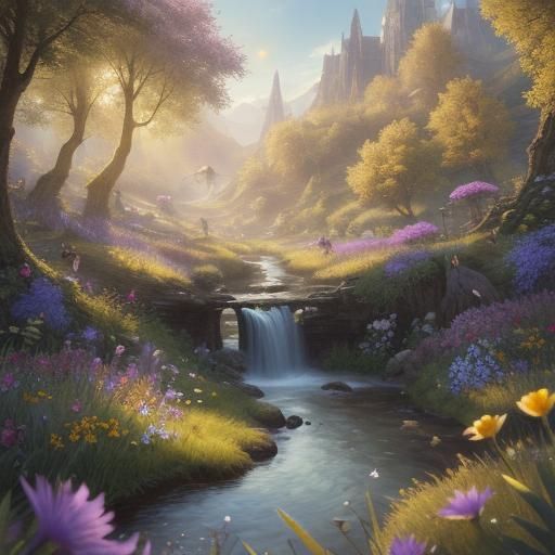 Fairies and Badgers Playing in a Sunny Meadow