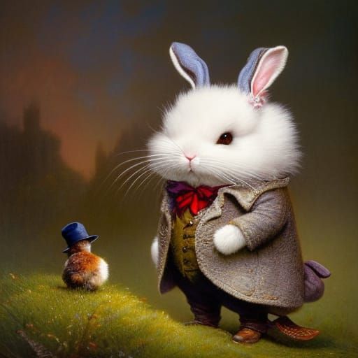 Cute Bunny in Hat and Jacket, Detailed Drawing