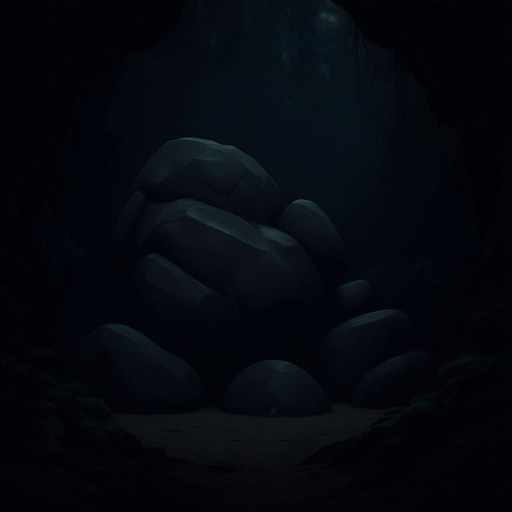 Nature Covered Bear with Glowing Eyes in Cave