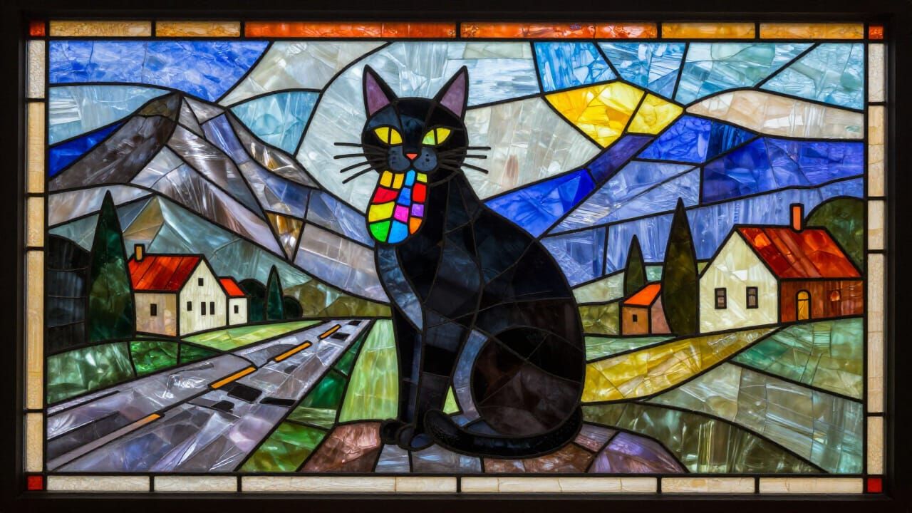 Iridescent Stained Glass Cat in Cubist Style