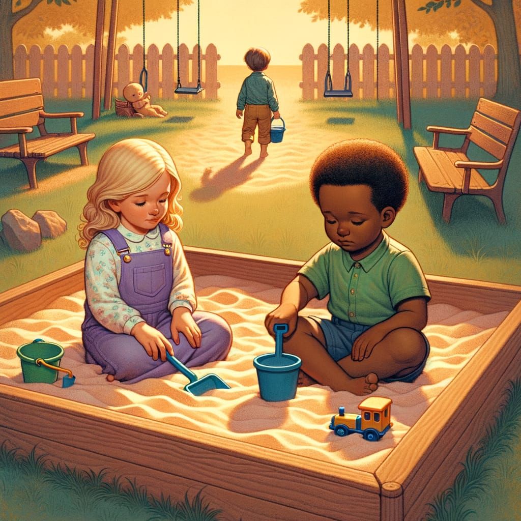 Children's Book Style Playground Scene with Sandbox
