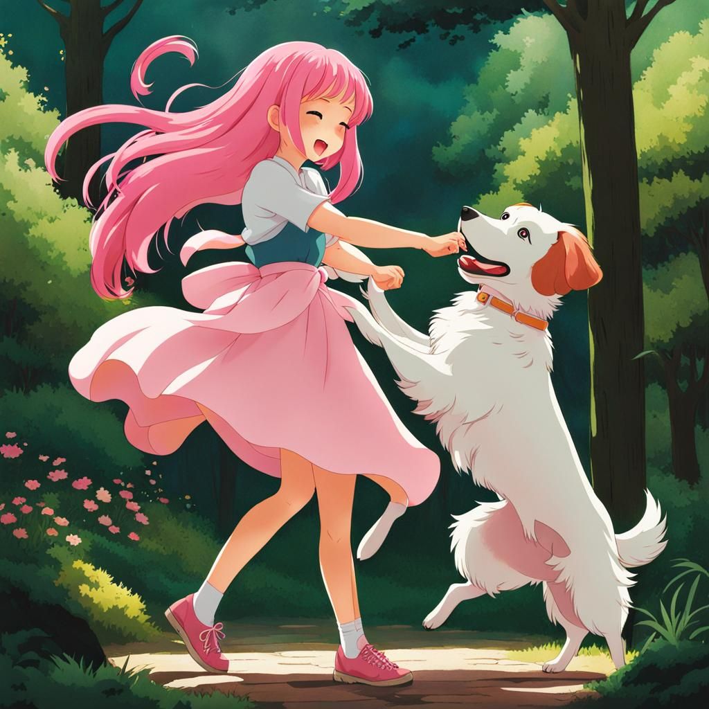 Pink-Haired Girl Dancing with Dog in Ghibli Style