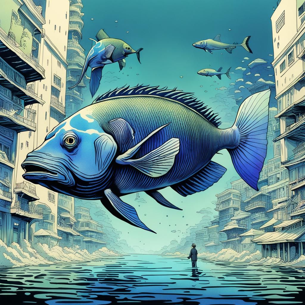 Elephant-Fish Hybrid in Underwater City, Junji Ito Style