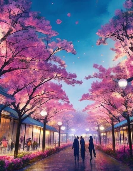 Cyberpunk Sakura Townscape in Watercolor Style