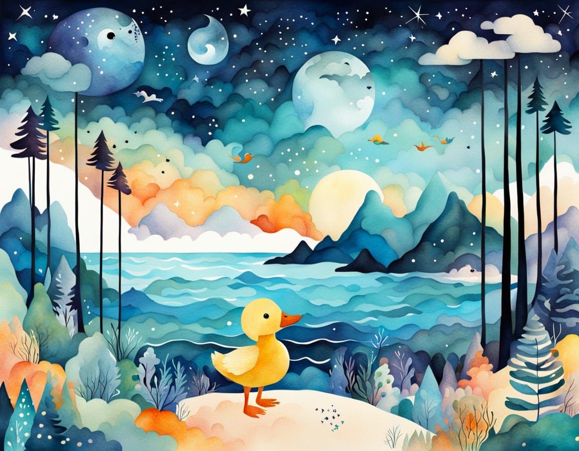 Surreal Forest-Beach Scene with Happy Yeti and Duck
