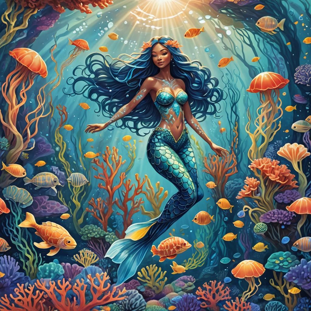 Enchanting Blue Underwater Realm with Mermaid