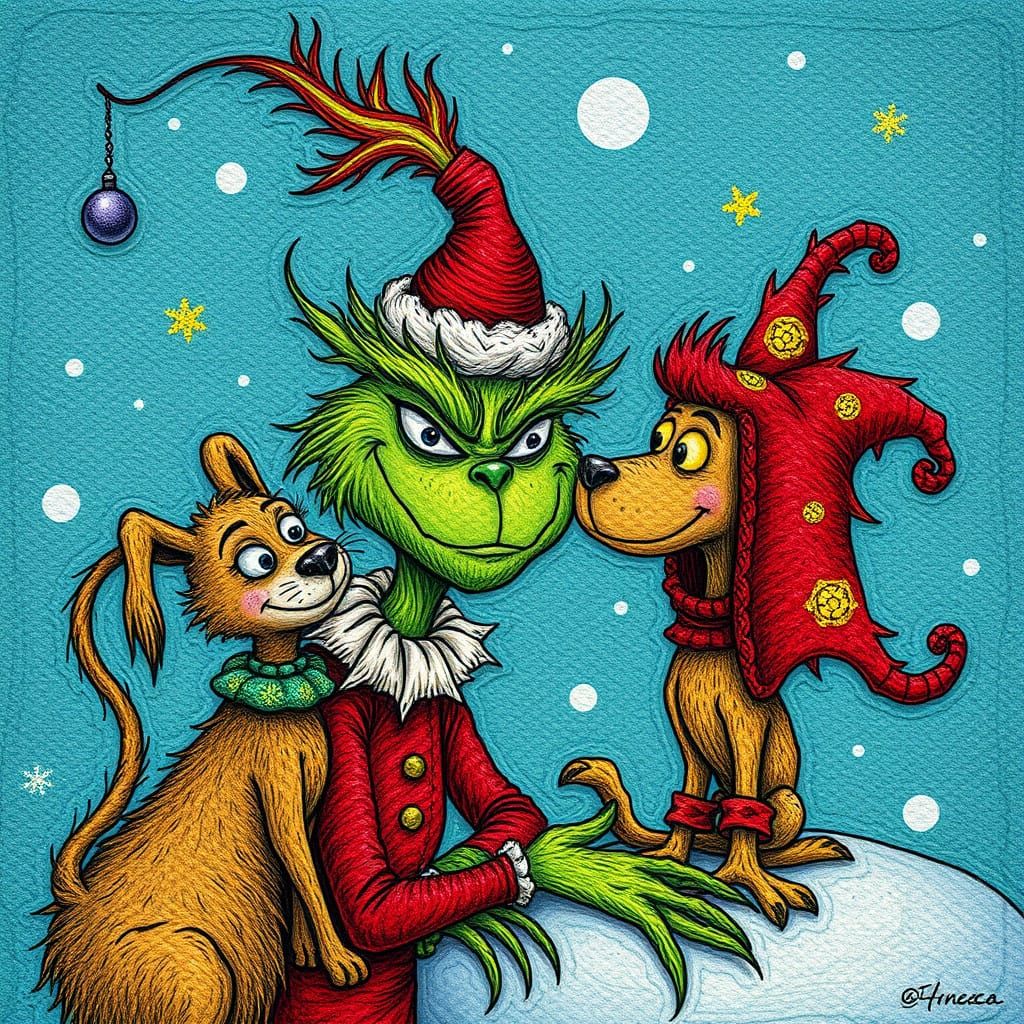 Whimsical Surreal Art of Mr. Grinch and Max in Tim Burton's...