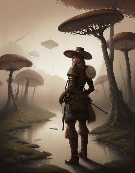 Elephant Humanoid in Sepia Mushroom Forest, Watercolour