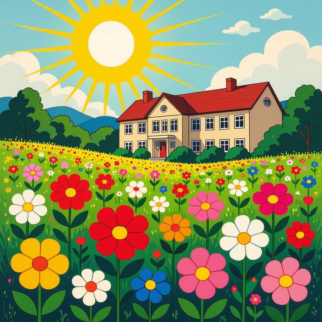 Vibrant School Scene with Flowers, Murakami Style