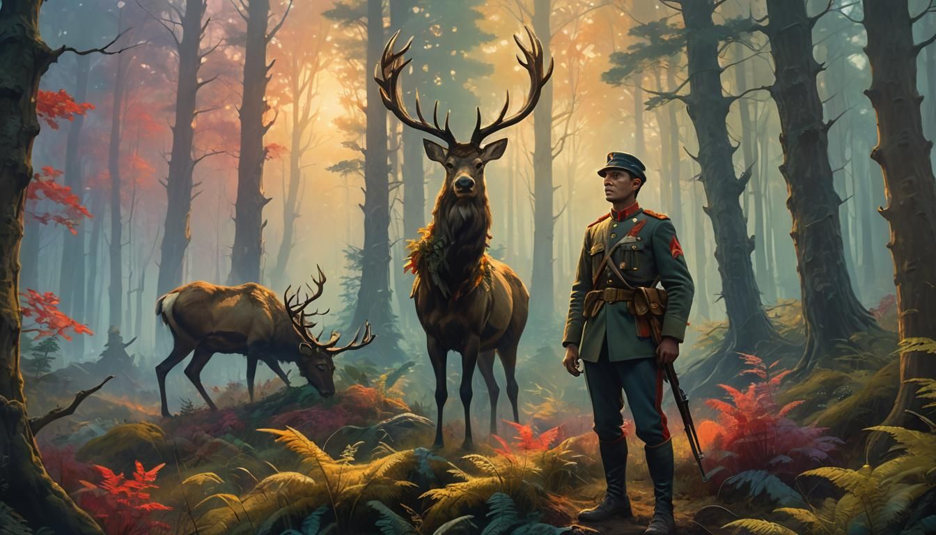 Warrior Surrounded by Majestic Forest Landscape in Vibrant O...