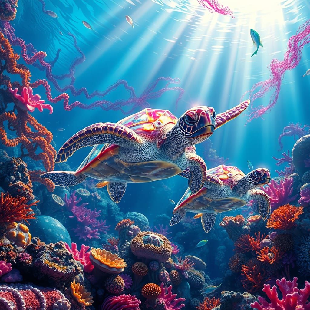 Psychedelic Quartz Crystal Turtles in Coral Reef