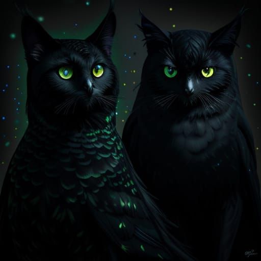 Surreal Black Cat and Owl in Eerie Landscape
