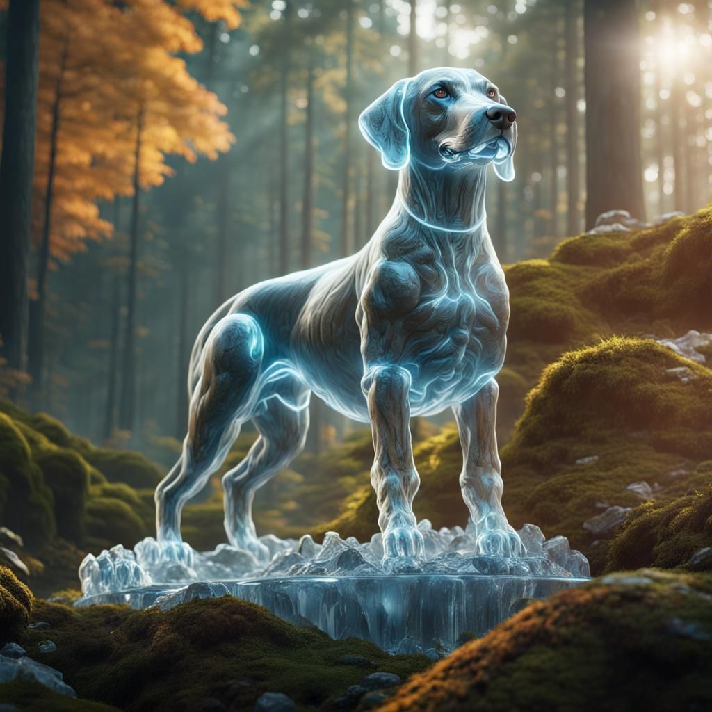 smooth clear ice sculpture of a hound dog in a forest in lat...