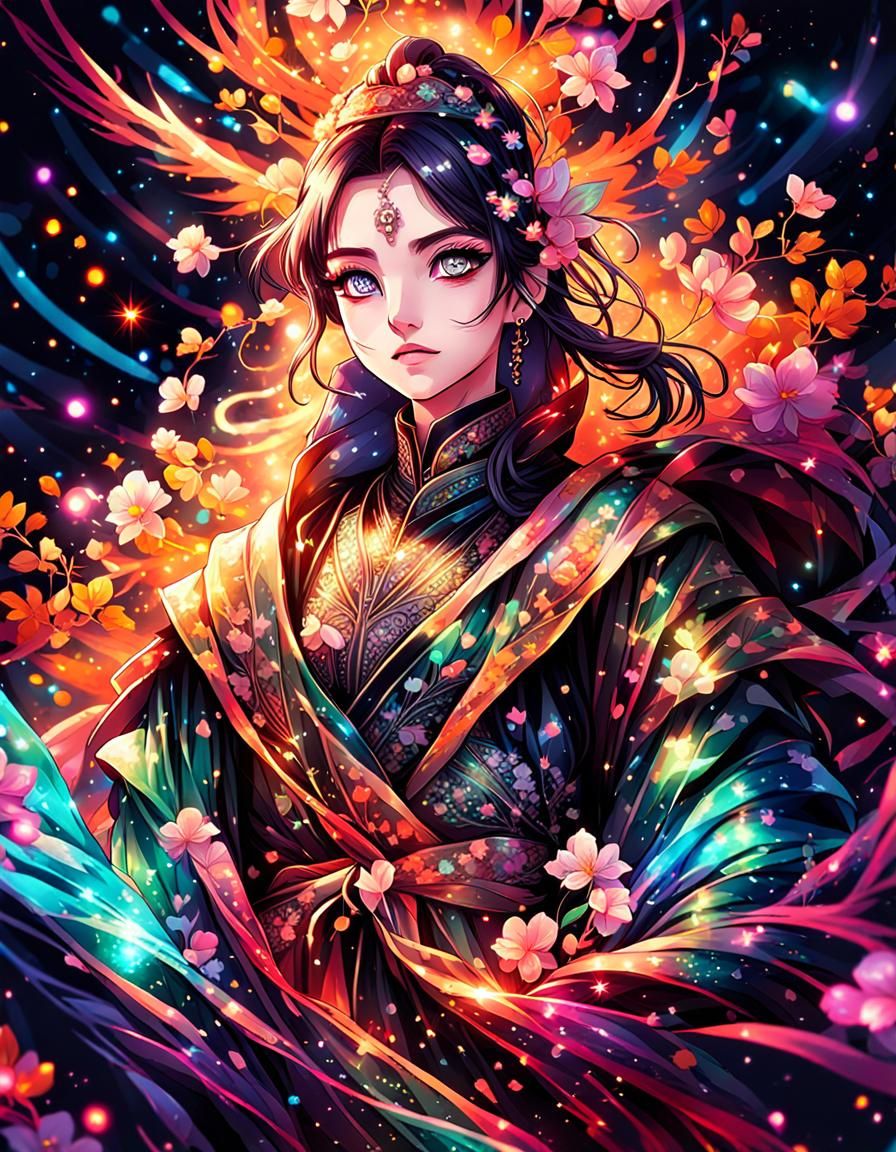 Neon Manga Portrait of Mysterious Woman in Glowing Robe